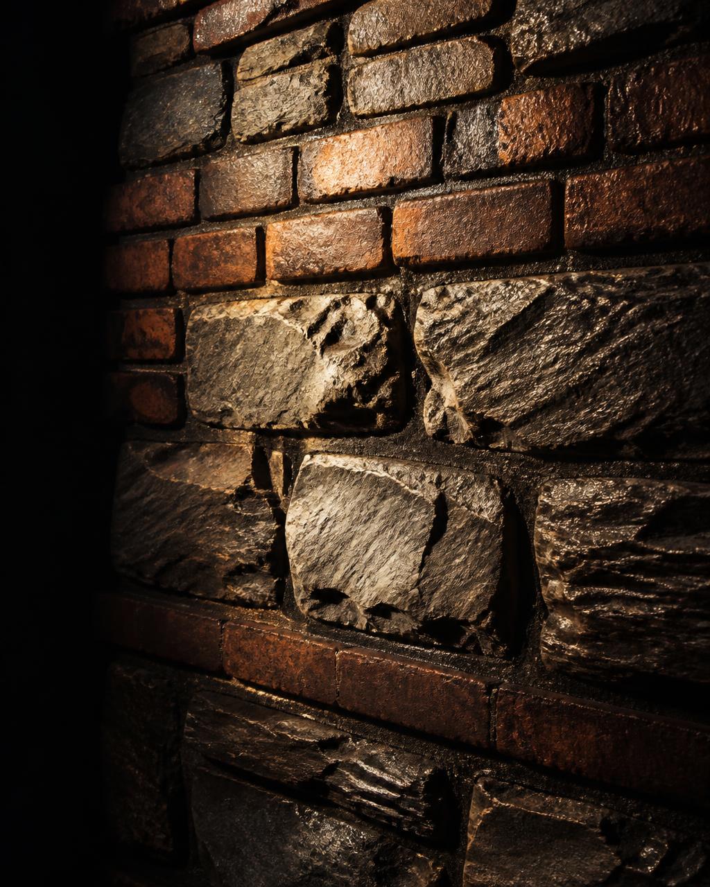 Mur de maçonnerie en pierre grise et brique, éclairage dramatique